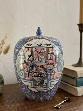 Vintage Macau Hand-Painted Ginger Jar with Lid - 10” Urn